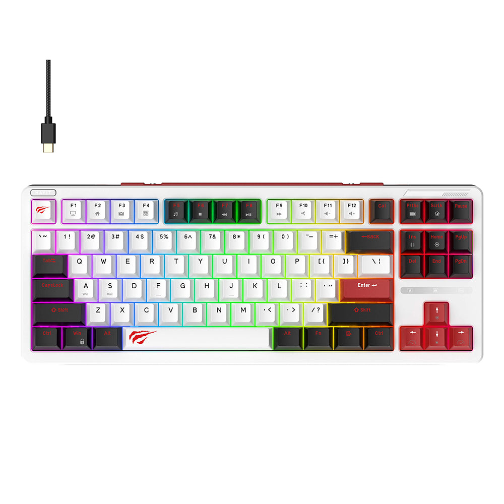 Havit - Gaming Keyboard (KB902L) - USB-C, with RGB Lights, 1.8m, 200mA - Black / White / Red