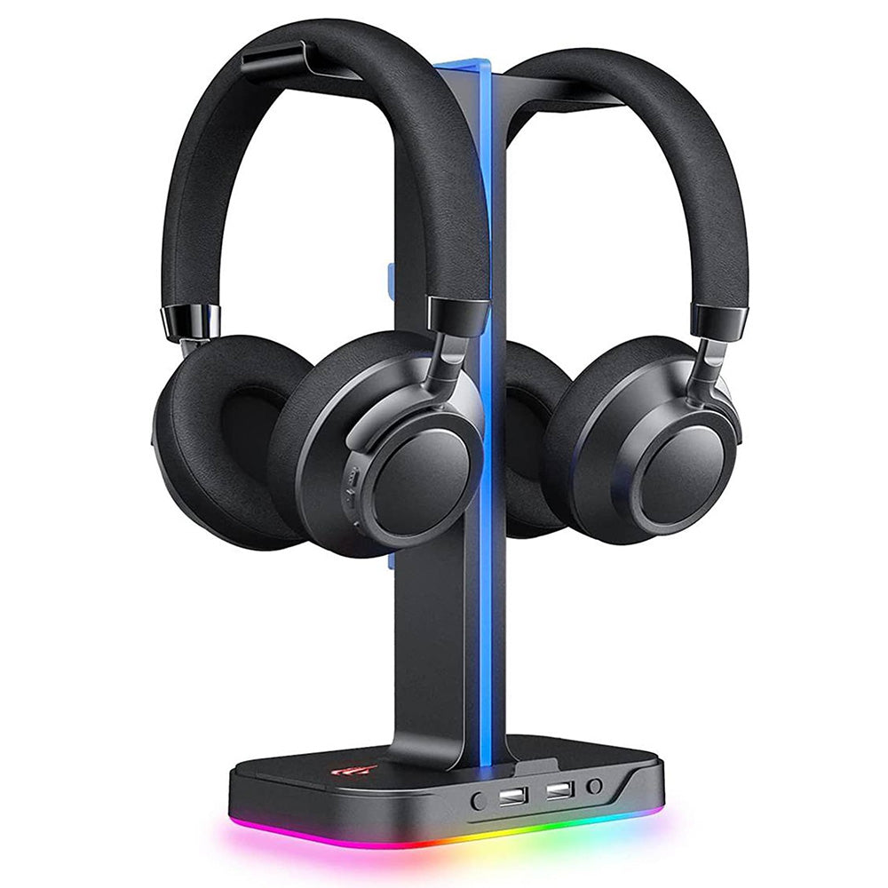 Havit - Headphone Stand TH650 - with Dual Hanger, 2 USB Ports, RGB Lights, for Windows, MacOS, Linux - Gray