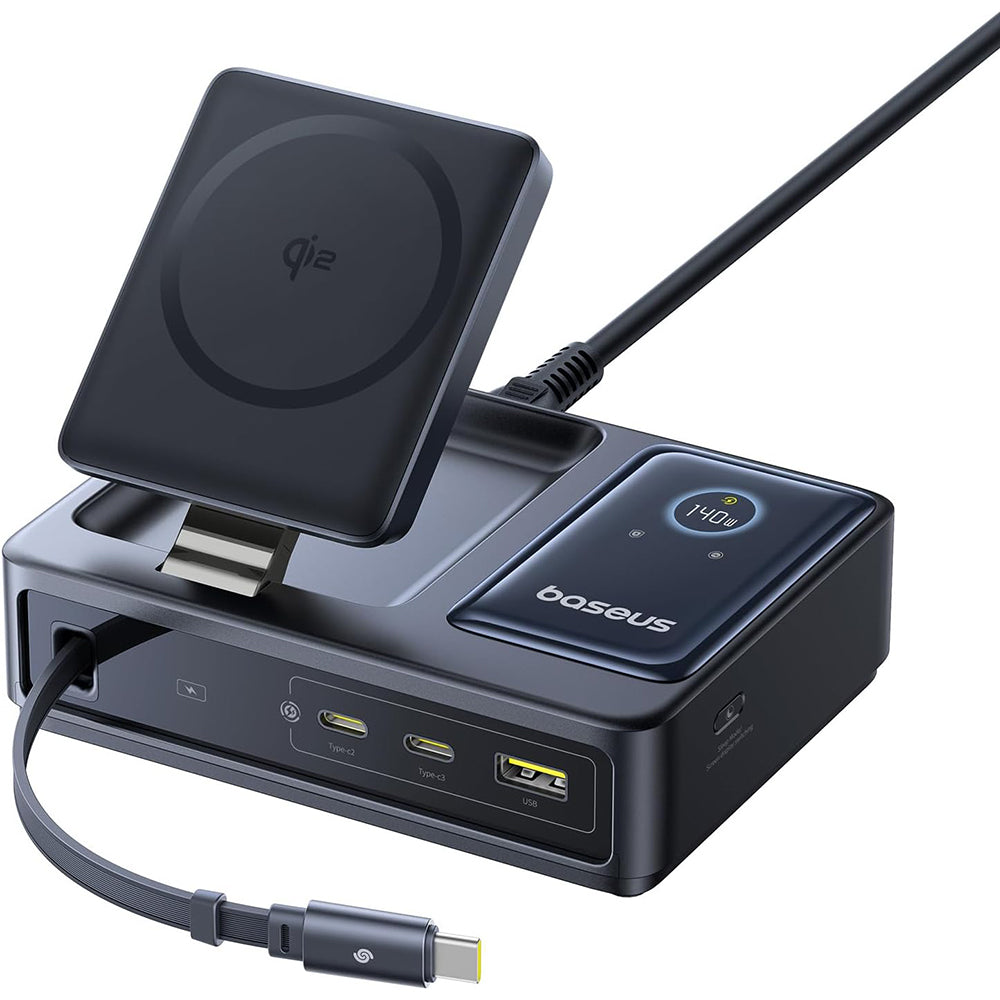 Baseus - Charging Station Nomos (P10170902123-00) - MagSafe Charger, Type-C, Digital Display, 5in1, 140W - Black