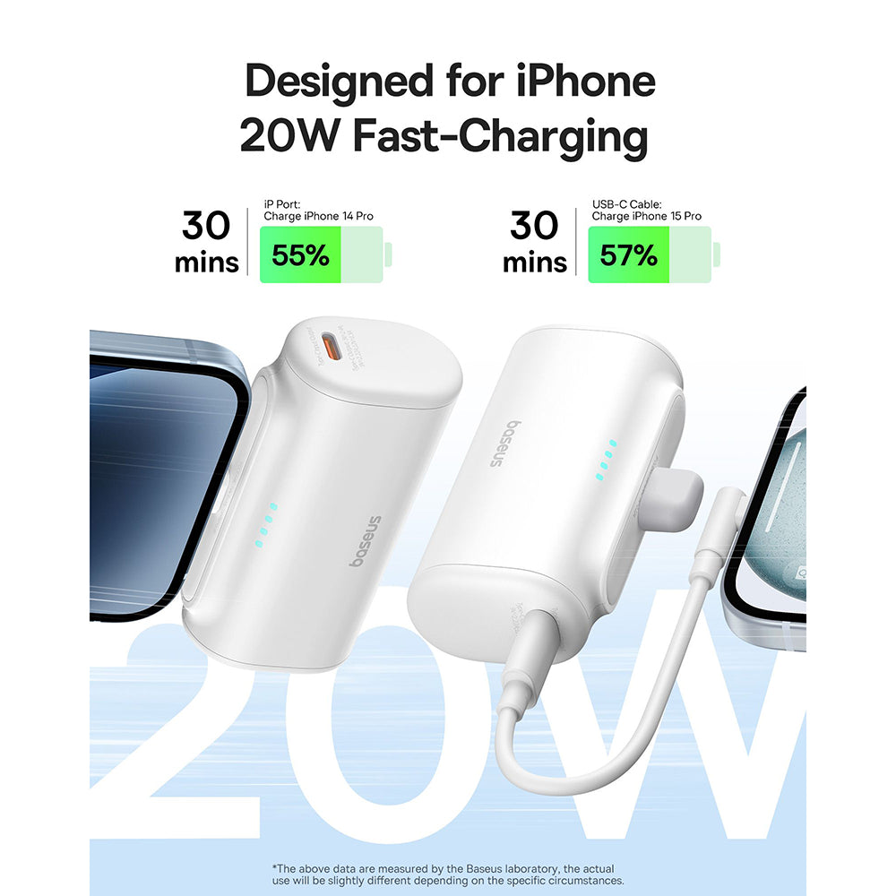 Baseus - Power Bank (P10068307213-00) - Lightning, Compact Design, 20W, 5000mAh, with Cable Type-C - White