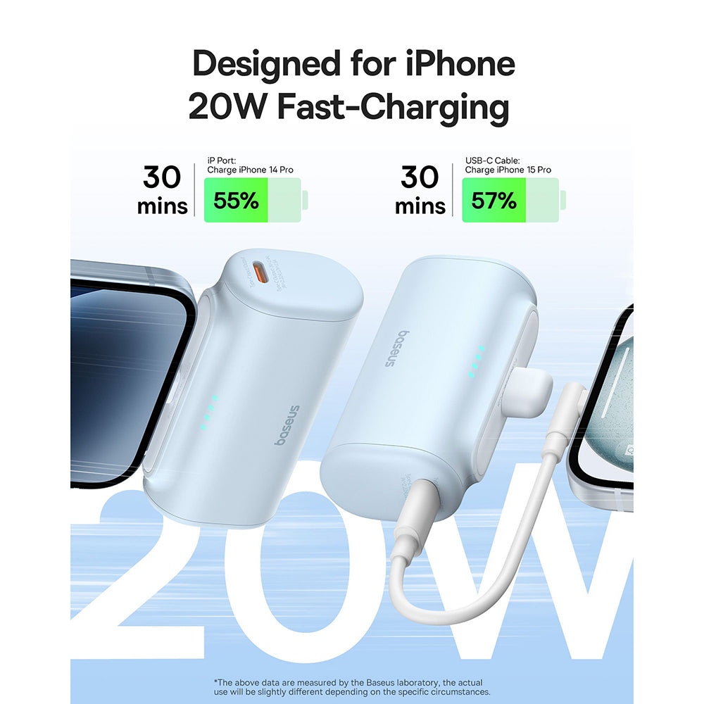 Baseus - Power Bank (P10068307313-00) - Lightning, Compact Design, 20W, 5000mAh, with Cable Type-C - Bleu