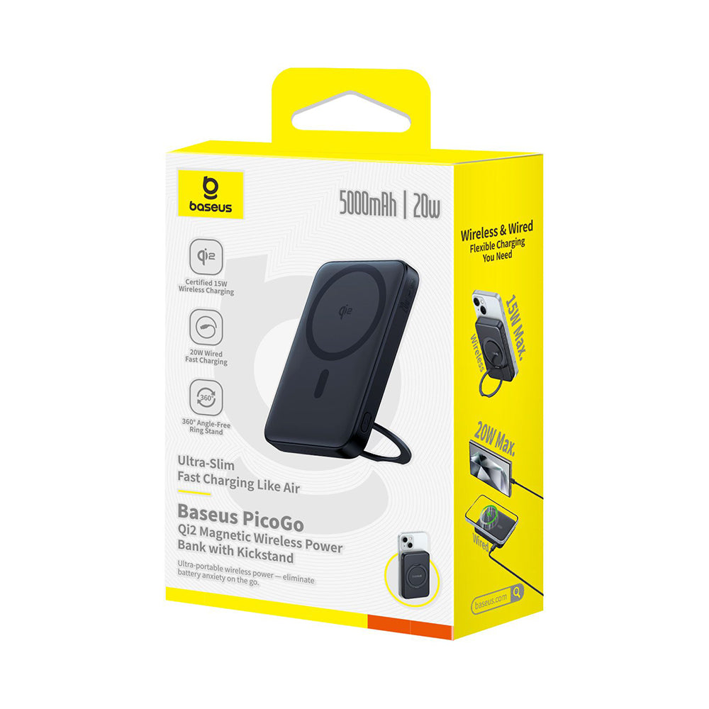 Baseus - Power Bank PicoGo (P10076802123-00) - Type-C, Qi2, Fast Charging, 20W, 5000mAh, Rotable Stand, Cable Type-C - Black