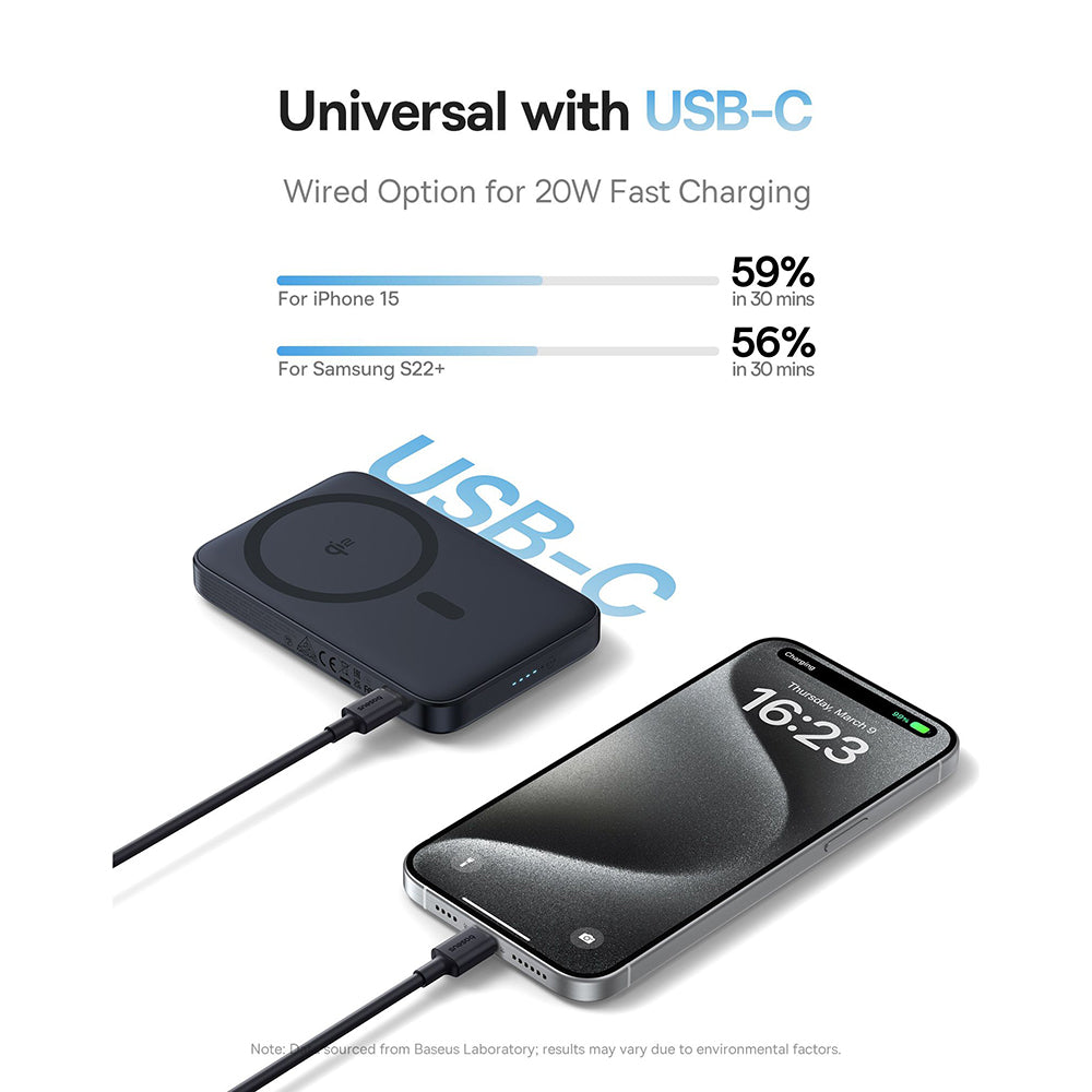Baseus - Power Bank PicoGo (P10076802123-00) - Type-C, Qi2, Fast Charging, 20W, 5000mAh, Rotable Stand, Cable Type-C - Black