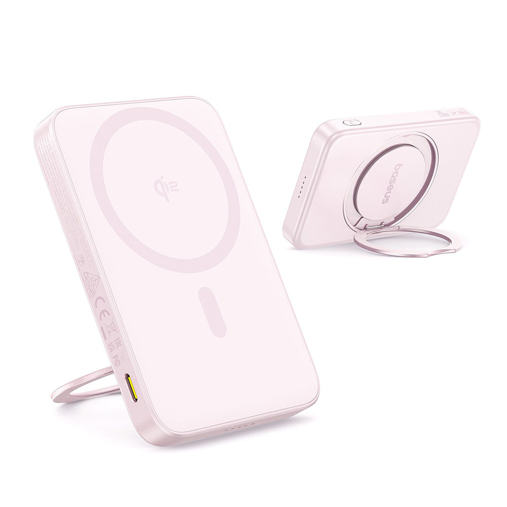 Baseus - Power Bank PicoGo (P10076800413-00) - Type-C, Qi2, Fast Charging, 20W, 5000mAh, Rotable Stand, Cable Type-C - Pink