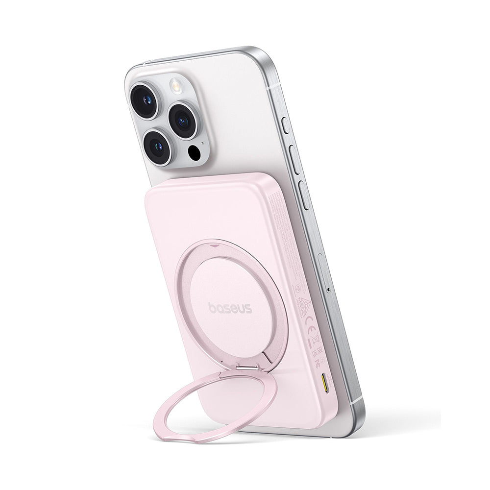 Baseus - Power Bank PicoGo (P10076800413-00) - Type-C, Qi2, Fast Charging, 20W, 5000mAh, Rotable Stand, Cable Type-C - Pink