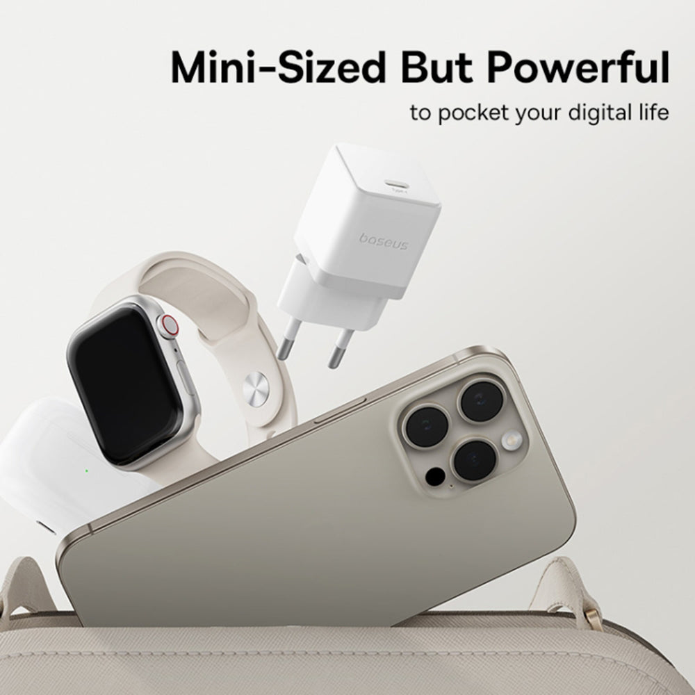 Baseus - Wall Charger Palm (P10111605213-01) - Type-C Cable Included, Fast Charger, 30W, 5V/3.0A, 1m - Moon White