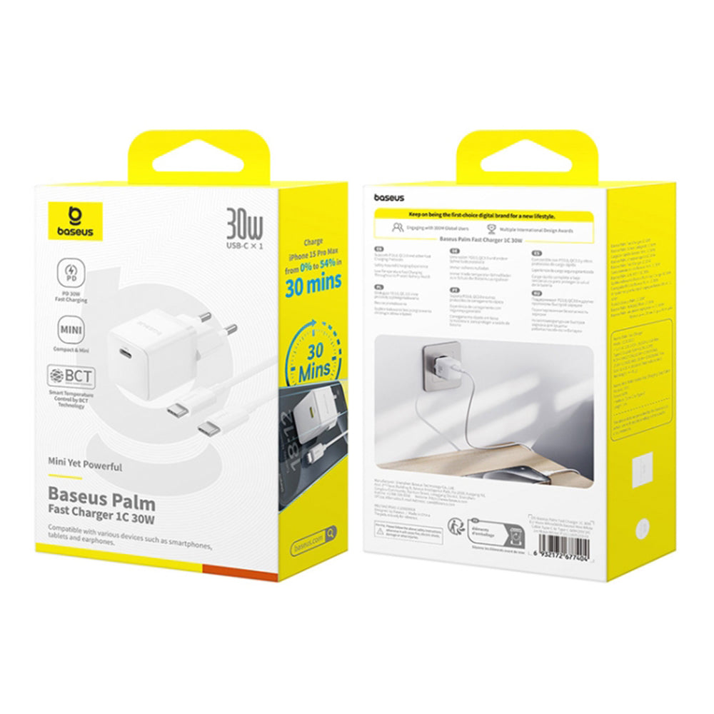 Baseus - Wall Charger Palm (P10111605213-01) - Type-C Cable Included, Fast Charger, 30W, 5V/3.0A, 1m - Moon White