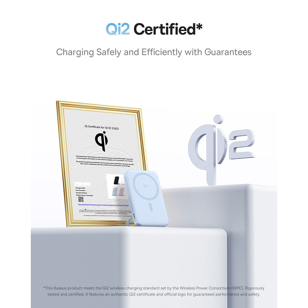 Baseus - Power Bank PicoGo (P10076800313-00) - Type-C, Qi2, Fast Charging, 20W, 5000mAh, Rotable Stand, Cable Type-C - Blue