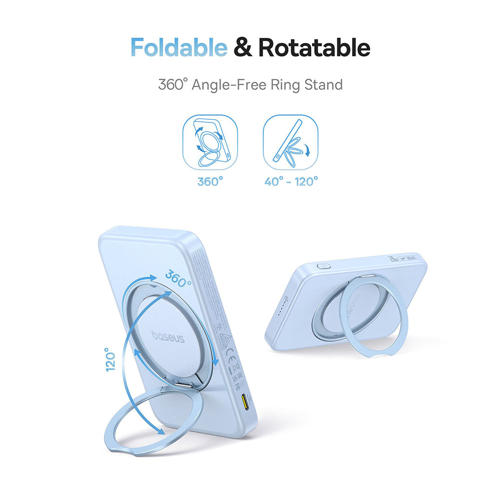 Baseus - Power Bank PicoGo (P10076800313-00) - Type-C, Qi2, Fast Charging, 20W, 5000mAh, Rotable Stand, Cable Type-C - Blue