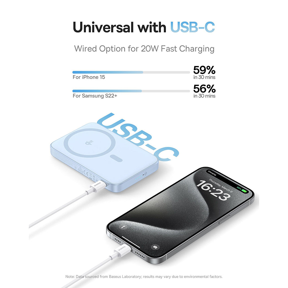 Baseus - Power Bank PicoGo (P10076800313-00) - Type-C, Qi2, Fast Charging, 20W, 5000mAh, Rotable Stand, Cable Type-C - Blue