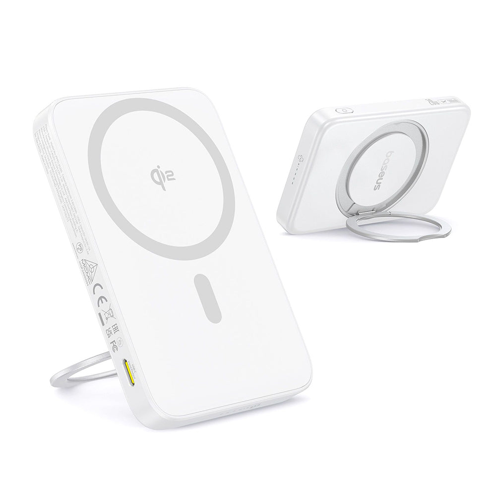 Baseus - Power Bank PicoGo (P10076800213-01) - Type-C, Qi2, Fast Charging, 20W, 5000mAh, Rotable Stand, Cable Type-C - White