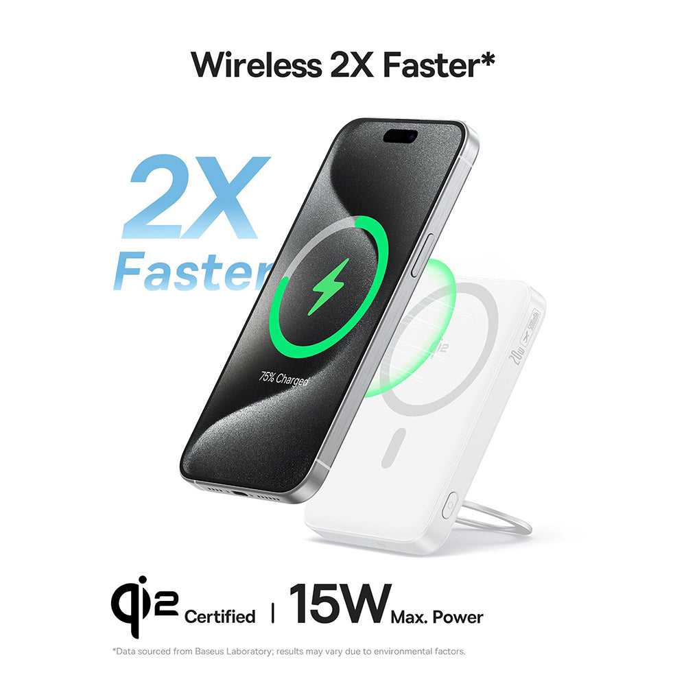 Baseus - Power Bank PicoGo (P10076800213-01) - Type-C, Qi2, Fast Charging, 20W, 5000mAh, Rotable Stand, Cable Type-C - White