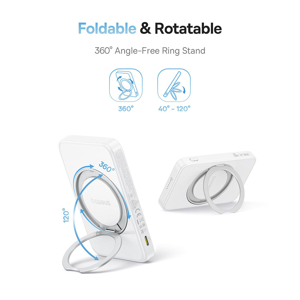 Baseus - Power Bank PicoGo (P10076800213-01) - Type-C, Qi2, Fast Charging, 20W, 5000mAh, Rotable Stand, Cable Type-C - White