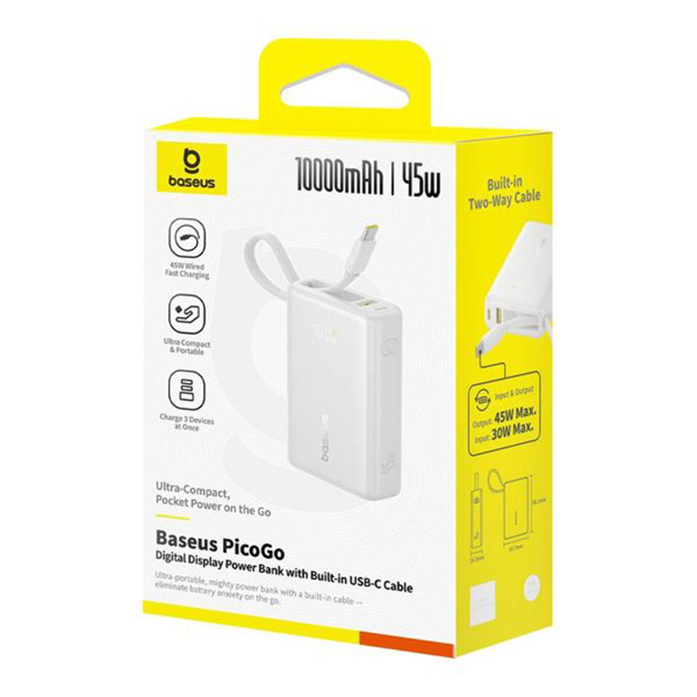 Baseus - Power Bank PicoGo (P10076803213-00) - Type-C, USB, Fast Charging, 45W, 10000mAh, Built-in Type-C Cable - White