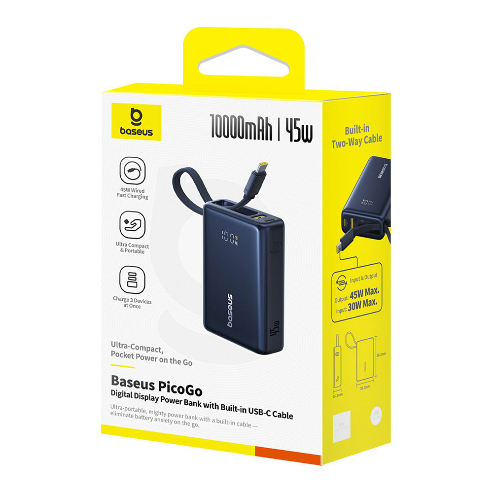 Baseus - Power Bank PicoGo (P10076803123-00) - Type-C, USB, Fast Charging, 45W, 10000mAh, Built-in Type-C Cable - Black