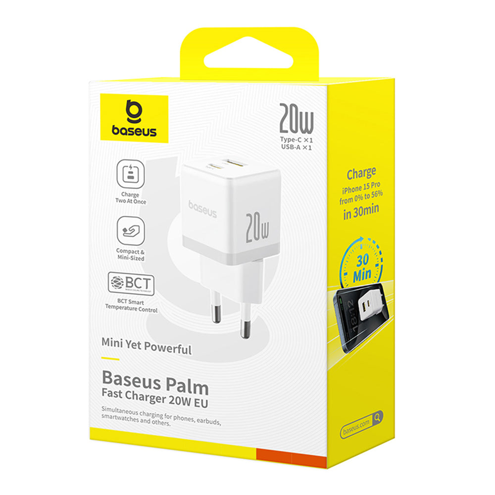 Baseus - Wall Charger Palm (P10111608213-01) - Type-C Cable Included, 2in1 Fast Charger, USB, USB-C, 20W, 5V/3.0A, 1m - Moon White