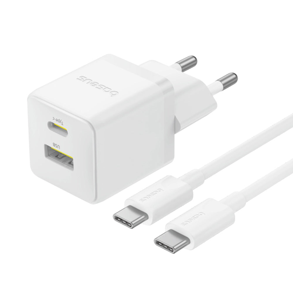 Baseus - Wall Charger Palm (P1011160A213-01) - Type-C Cable Included, Fast Charge, 2in1, USB, USB-C, 30W, 20V/3A - Moon White