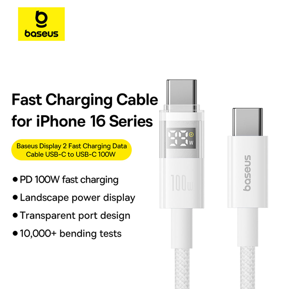 Baseus - Data Cable Display 2 (P10382702211-01) - Fast Charging, Type-C to Type-C, Digital Display, 100W, 2m - Moon White