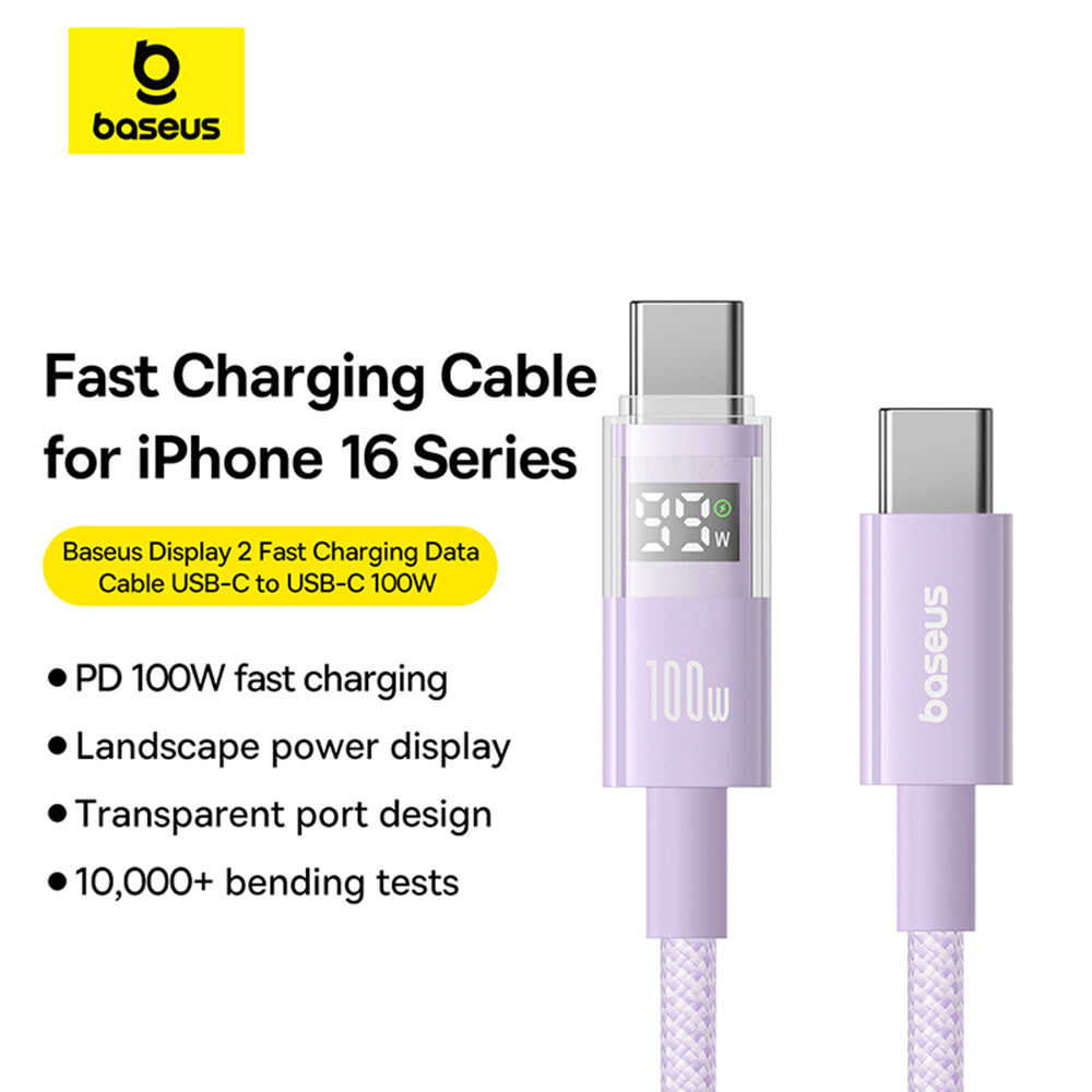 Baseus - Data Cable Display 2 (P10382702511-00) - Fast Charging, Type-C to Type-C, Digital Display, 100W, 1m - Nebula Purple