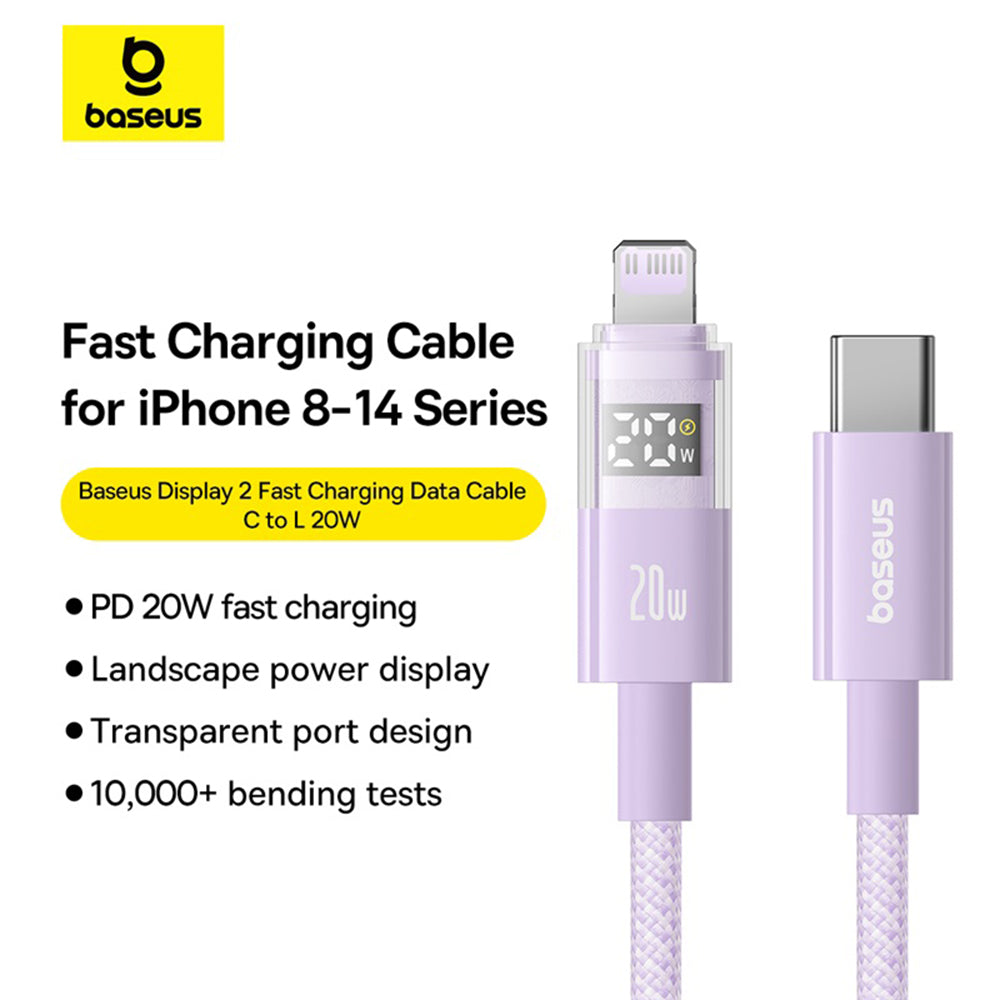 Baseus - Data Cable Display 2 (P10382703511-01) - Fast Charging, Type-C, Lightning, Digital Display, 20W, 2m - Nebula Purple