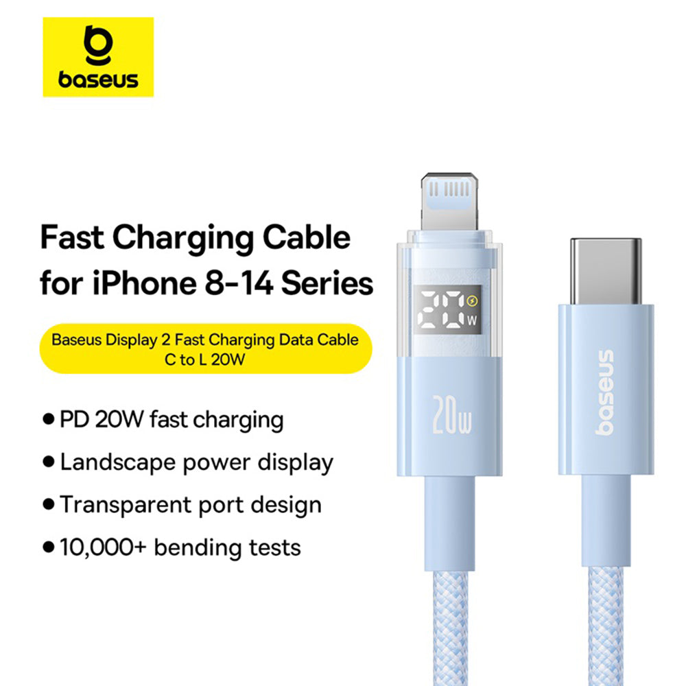 Baseus - Data Cable Display 2 (P10382703311-01) - Fast Charging, Type-C to Lightning, Digital Display, 20W, 2m - Galaxy Blue