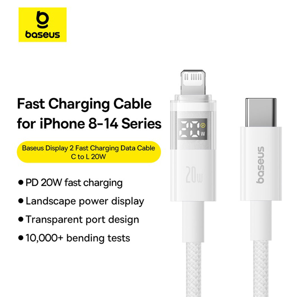 Baseus - Data Cable Display 2 (P10382703211-01) - Fast Charging, Type-C to Lightning, Digital Display, 20W, 2m - Moon White