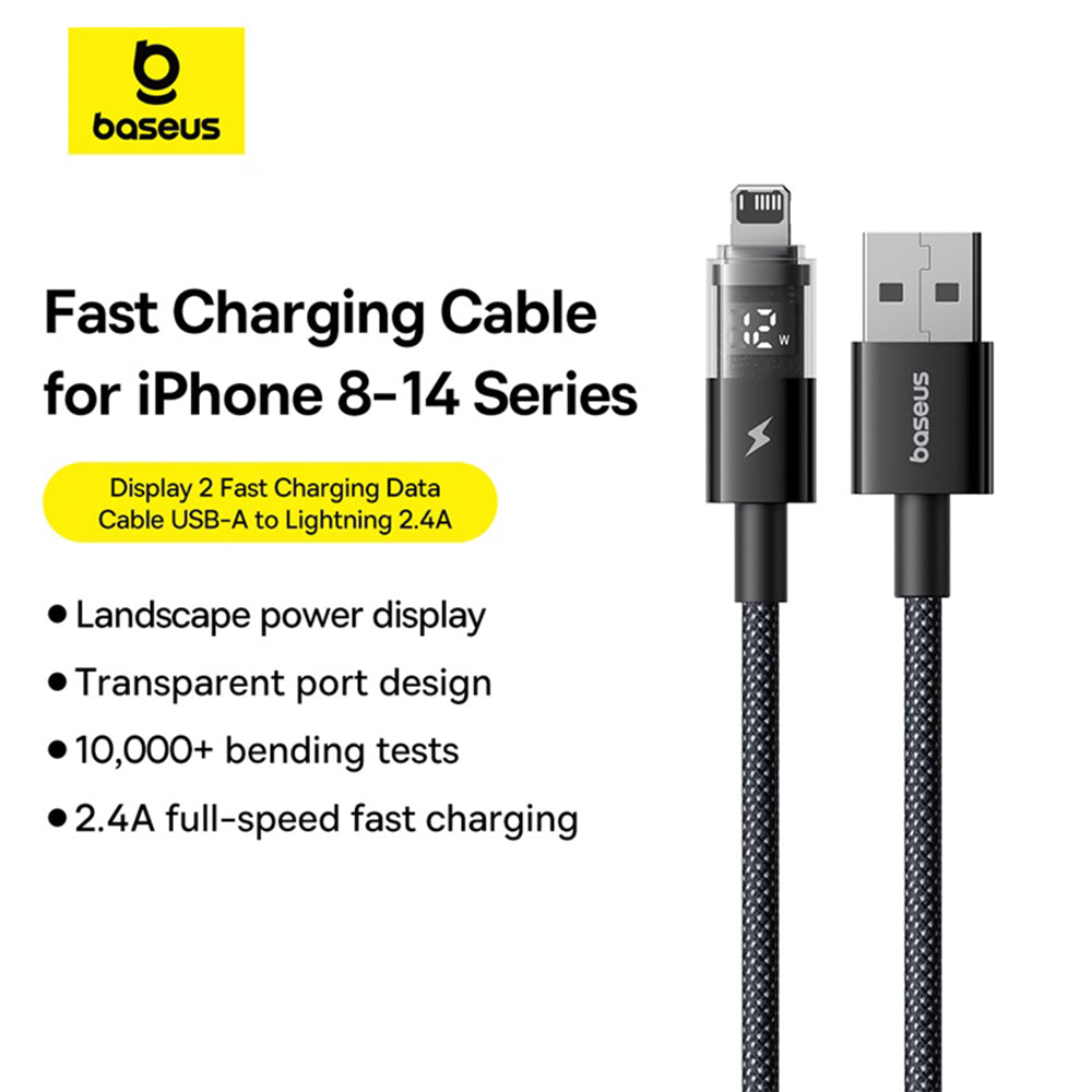 Baseus - Data Cable Display 2 (P10382700121-00) - USB to Lightning, Fast Charging, Digital Display, 2.4A, 1m - Cosmic Black