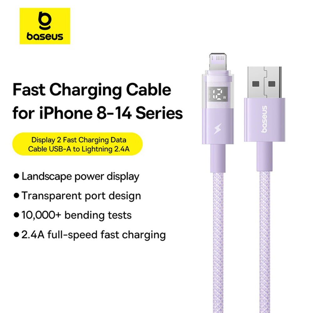 Baseus - Data Cable Display 2 (P10382700511-01) - USB to Lightning, Fast Charging, Digital Display, 2.4A, 2m - Nebula Purple