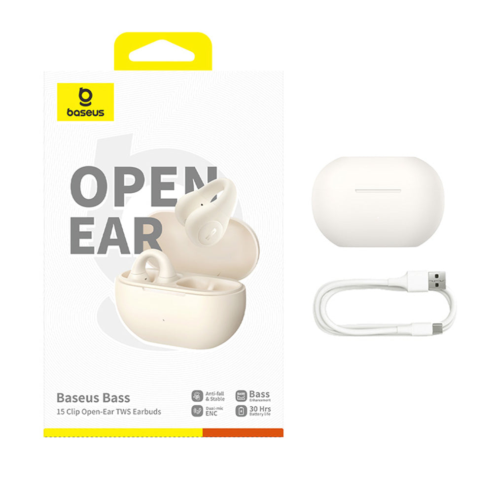 Baseus - Wireless Earbuds Bass 15 Clip (A00079500223-00) - True Wireless, ENC, Bluetooth 5.4, Open-ear, USB-C - Stellar White