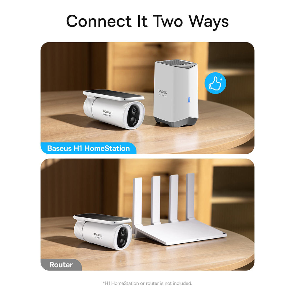 Baseus - Outdoor Camera Security S1 (S0SW002130) - with Solar Panel, 2K, 8GB, Two-way Audio, Night Vision, 10.400mAh - White