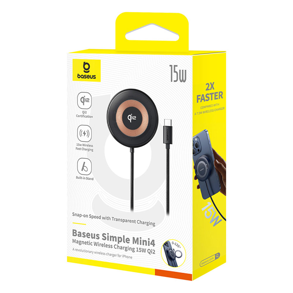 Baseus - Magnetic Wireless Charger Simple Mini4 (P10273300121-01) - Universal, with Stand, USB-C, Qi2 15W, 1m - Cosmic Black