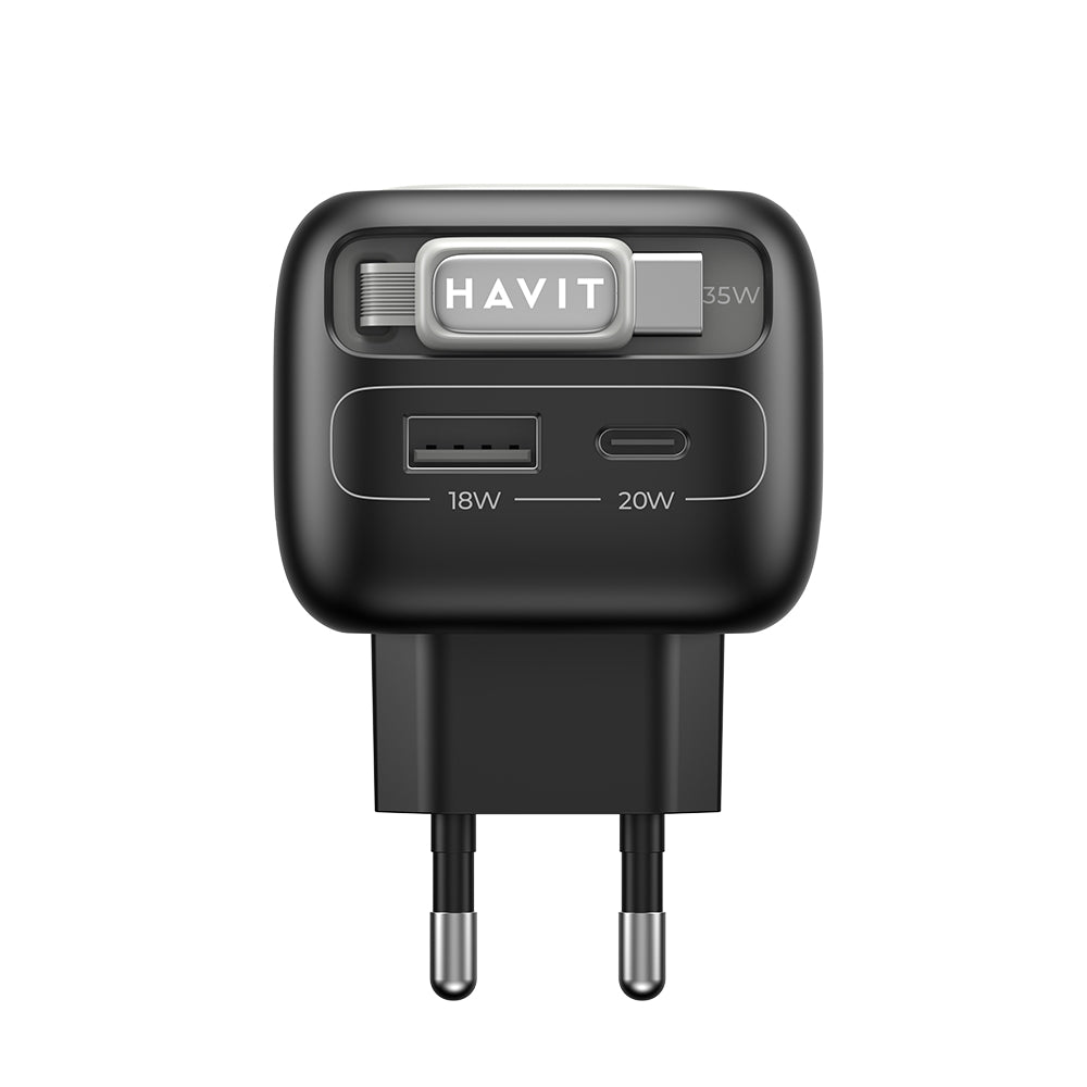 Havit - Wall Charger (UC251 EU) - Type-C Retractable Cable, Type-C, USB, GaN, 35W - Black / Gray