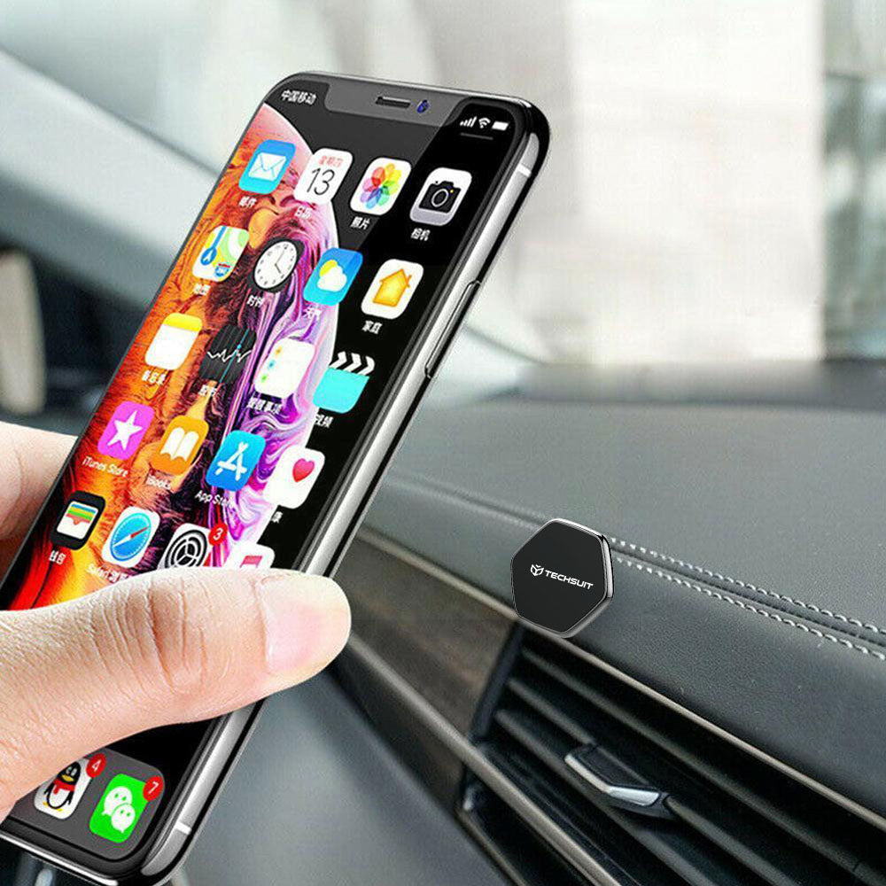 Techsuit - Phone Holder Tiny Series (HOLD210-C) - Dashboard Magnetic Grip, Multipurpose Use, Hexagonal, 2 Metal Plates - Black