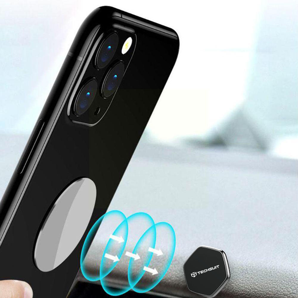 Techsuit - Phone Holder Tiny Series (HOLD210-C) - Dashboard Magnetic Grip, Multipurpose Use, Hexagonal, 2 Metal Plates - Black