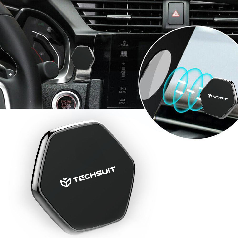 Techsuit - Phone Holder Tiny Series (HOLD210-C) - Dashboard Magnetic Grip, Multipurpose Use, Hexagonal, 2 Metal Plates - Black