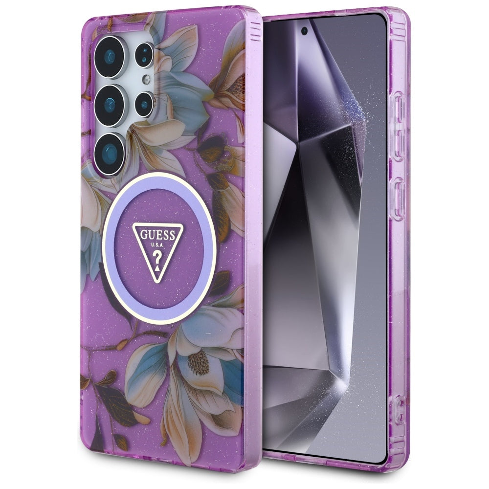 Guess - IML Metal Glitter Flowers Triangle MagSafe (GUHMS25LHFLPEDU) - Samsung Galaxy S25 Ultra - Purple