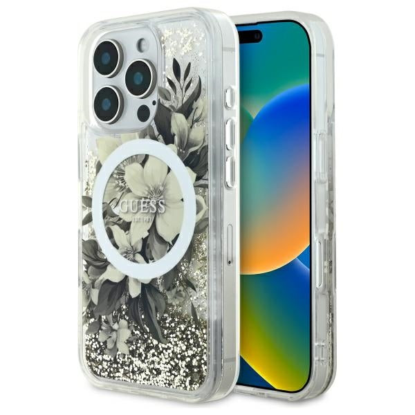 Guess - Liquid Glitter Flower MagSafe (GUHMP16LLFMWTE) - iPhone 16 Pro - Beige
