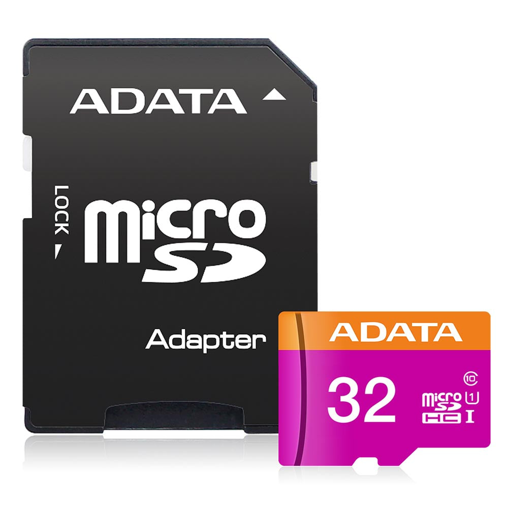 Adata - Memory Card (AUSDH32GUICL10-RA1) - MicroSDHC, Adapter, Class 10, UHS-I U1, 32GB, Read 100MB/s, Write 25MB/s - Black