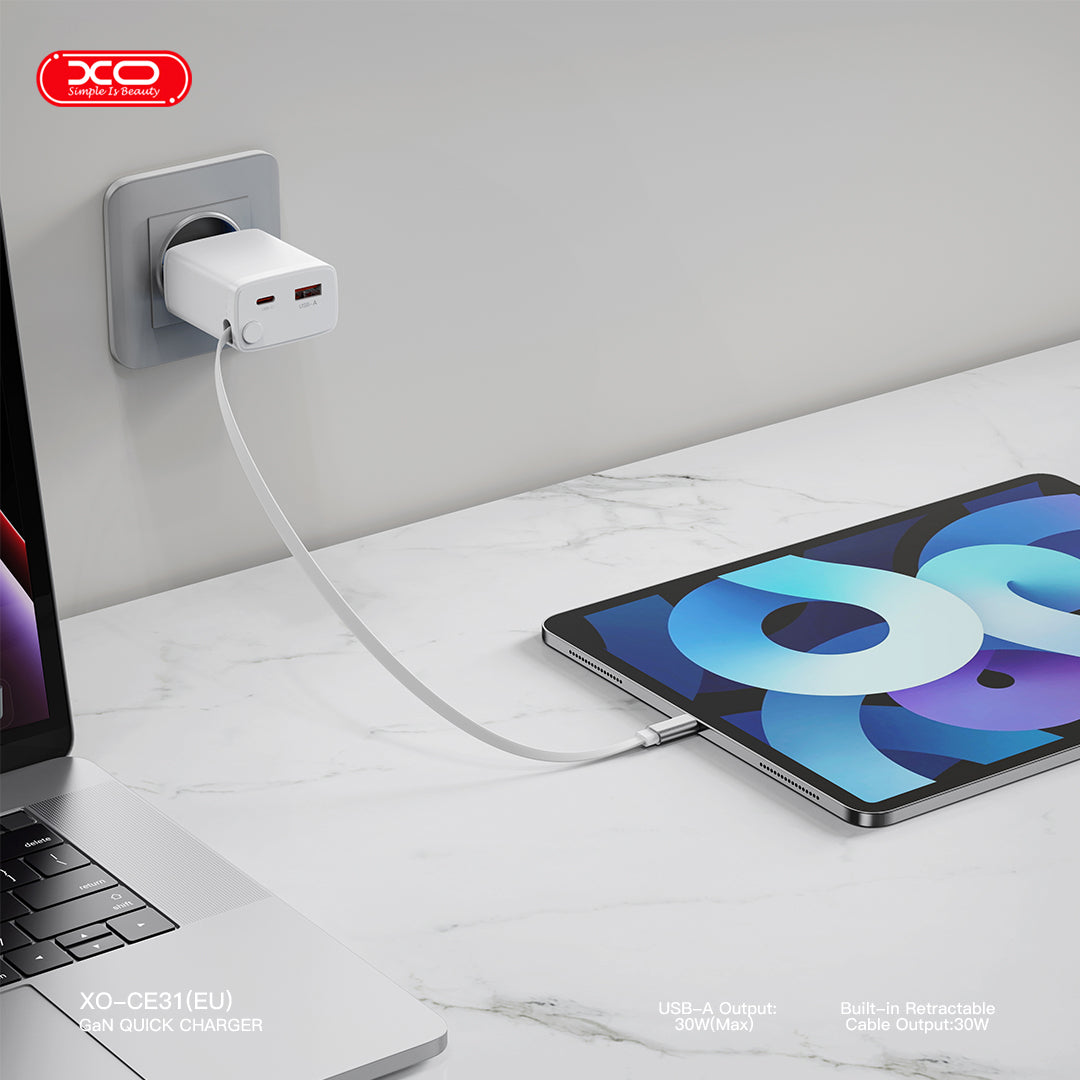 XO Wall Charger CE31 (1xUSB-A, 1x USB-C) 30W - Φορτιστής Ταχείας Φόρτισης Τοίχου Ταξιδίου με αναδιπλούμενο καλώδιο
