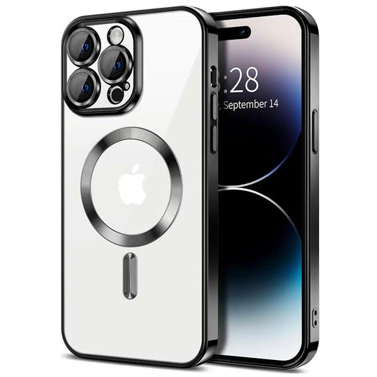 Ένα κομψό, μαύρο iPhone 11 Pro Max από το phonebazaar.gr εμφανίζεται με ημερομηνία «14 Σεπτεμβρίου» στο μπροστινό μέρος. Το πίσω μέρος δείχνει ένα εξέχον σύστημα τριπλής κάμερας μαζί με ένα ασημί κυκλικό σχέδιο MagSafe για μεγαλύτερη άνεση με τη θήκη Θήκη Διαφανή MagSafe Gloss Μάυρο.