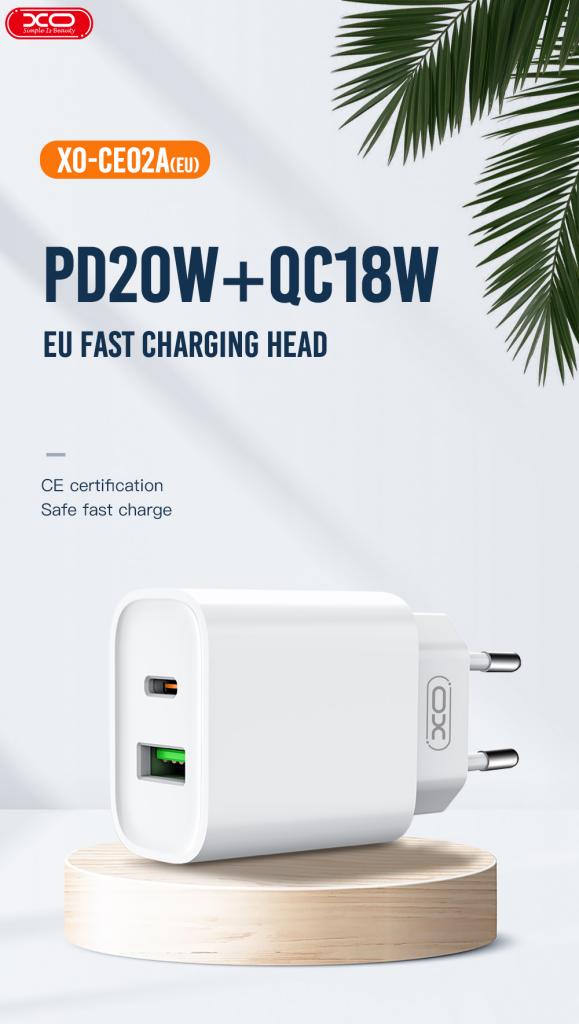 XO CE02A Φορτιστής Τοίχου 20W με Power Delivery & Quick Charge 3.0 – 2 Θύρες (USB-A & USB-C) + Καλώδιο USB-C σε Lightning