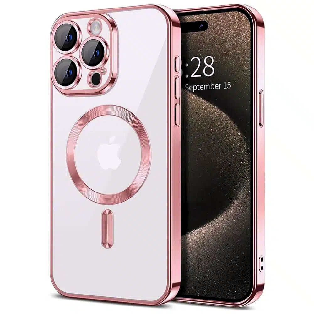 Ένα iPhone 11 Pro Max σε Θήκη Διαφανή MagSafe Gloss Ροζ από το phonebazaar.gr, εμφανίζεται 9:28 στις 15 Σεπτεμβρίου. Η συσκευή διαθέτει ροζ μεταλλική άκρη, σύστημα τριπλής κάμερας και λογότυπο Apple, υποδεικνύοντας τη συμβατότητά της με MagSafe.