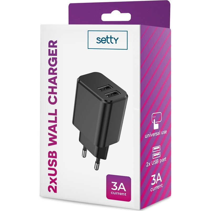 Setty Φορτιστής Χωρίς Καλώδιο με 2 Θύρες USB-A Μαύρος (GSM106088)