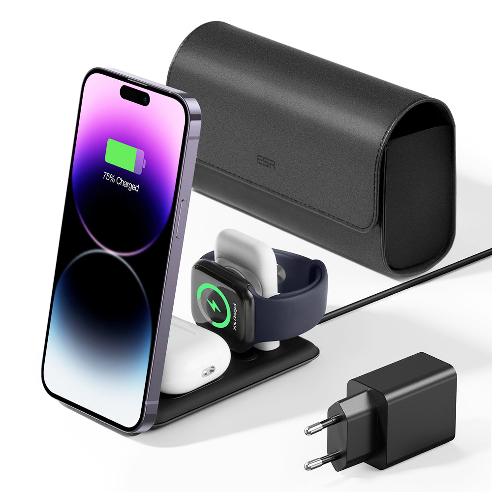 ESR - Premium 3in1 Travel Wireless Charging Set (2C569) - with Bag Accessories, for iPhone, MFi Apple Watch, AirPods, Qi2 15W - Black