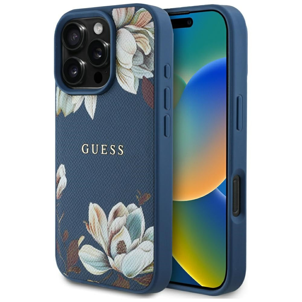 Guess - Grained Flowers MagSafe (GUHMP16XPGNMPLMB) - iPhone 16 Pro Max - Blue