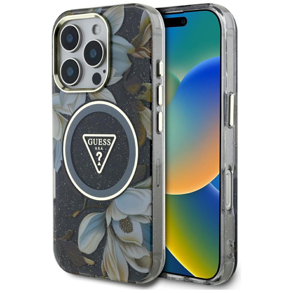 Guess - IML Metal Glitter Flowers Triangle MagSafe (GUHMP16LHFLPEDK) - iPhone 16 Pro - Black