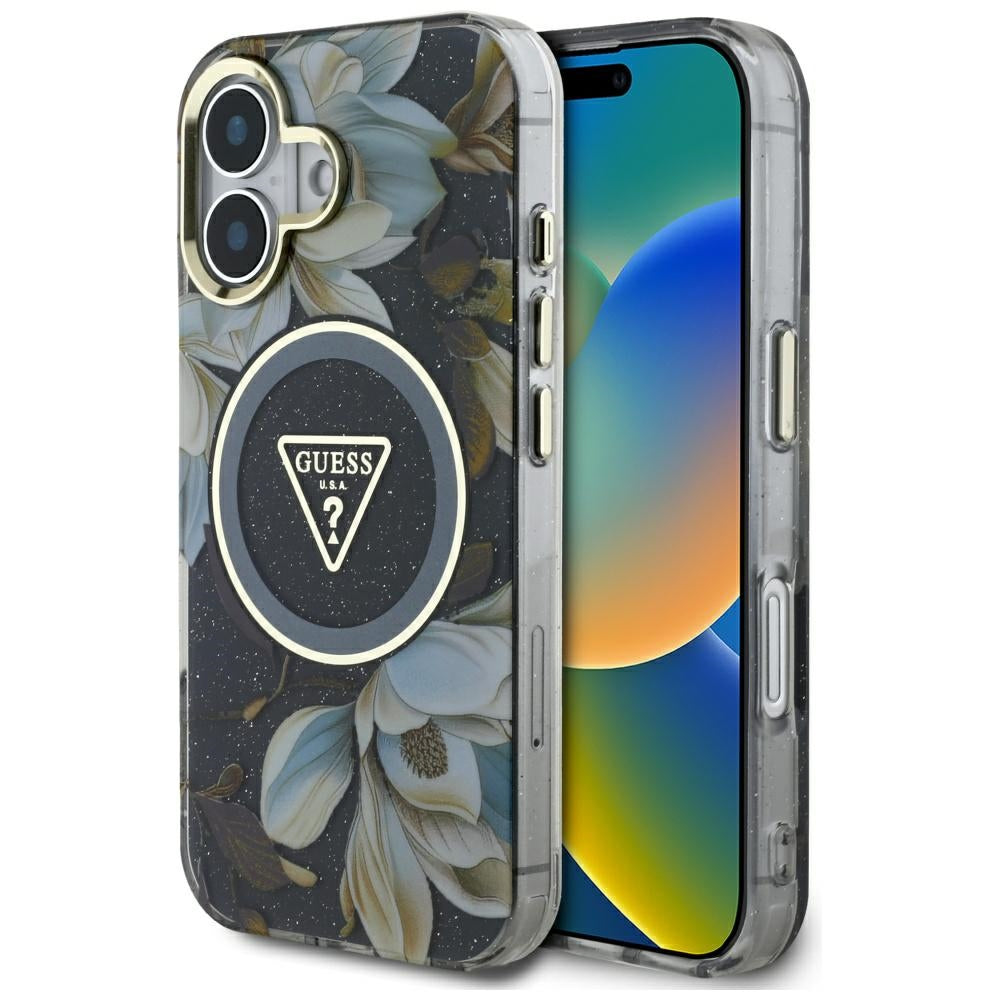 Guess - IML Metal Glitter Flowers Triangle MagSafe (GUHMP16SHFLPEDK) - iPhone 16 - Black