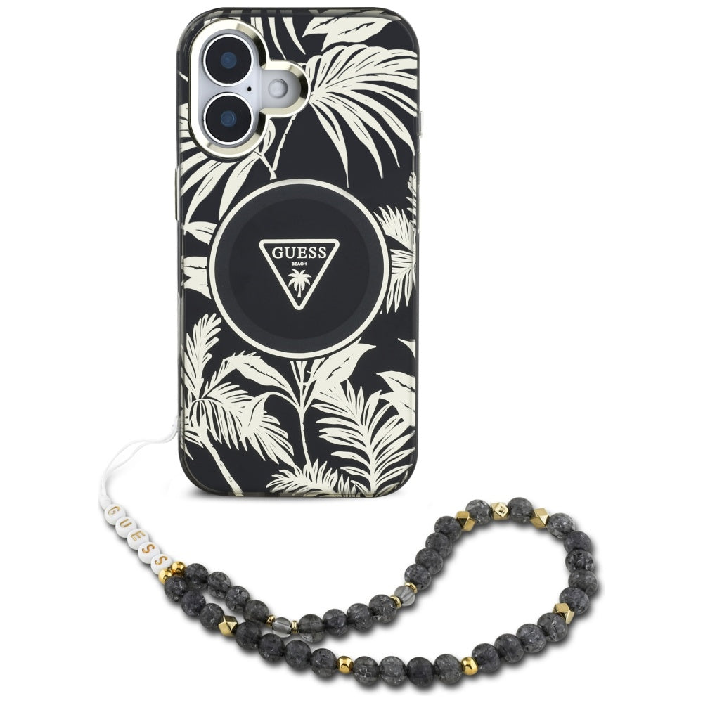 Guess - IML Palm Trees Triangle with Pearl Strap MagSafe (GUHMP16SHPCTPLSK) - iPhone 16 - Black