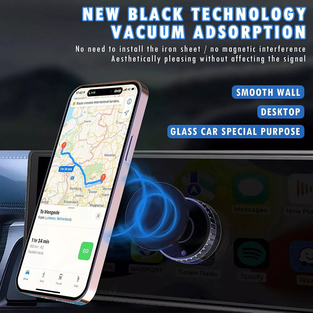 Techsuit - Premium Car Holder with Wireless Charging (HOLD253) - MagSafe N52 Magnets, Powerful Suction Cup, Dashboard - Black