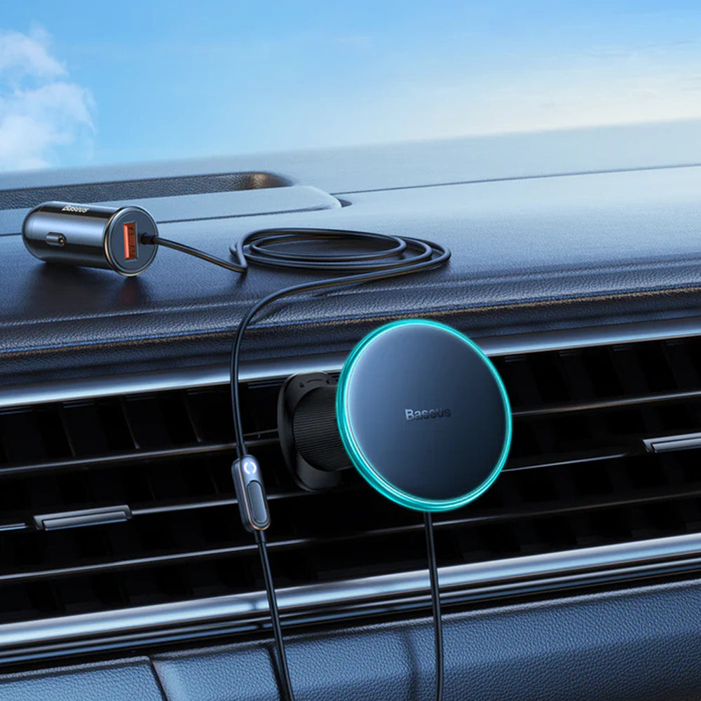 Baseus - Wireless Car Vent Holder (C40141000111-01) - 15W, with 40W Cigarette Lighter Socket, USB, Ambient Light Ring - Black